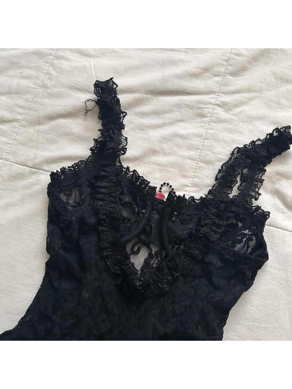 Black lace babydoll dress with pink rose and beaded details Size small - Picture 5 of 8